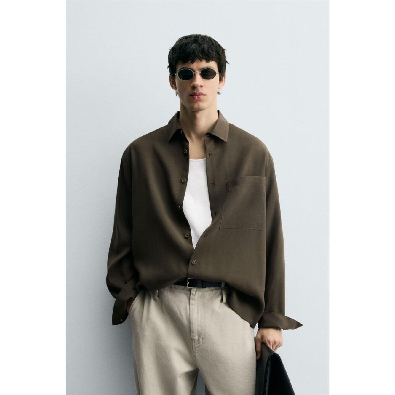 Zara Mens Flowing Shirt Medium Khaki Long Sleeve Loose Fit Buttons 5948/519 Nwt